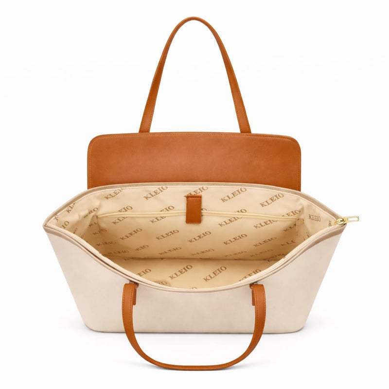 KLEIO Office 15 Inch Tote Laptop Handbag for Women - Cream - Image 4